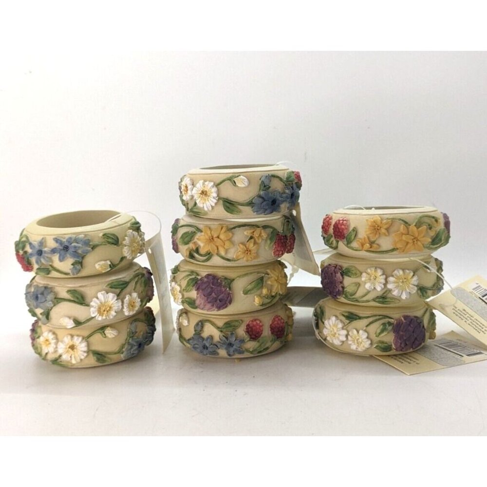 Linens N Things Napkin Rings Garden Herb Set of 10 Flowers Floral NWT Vintage